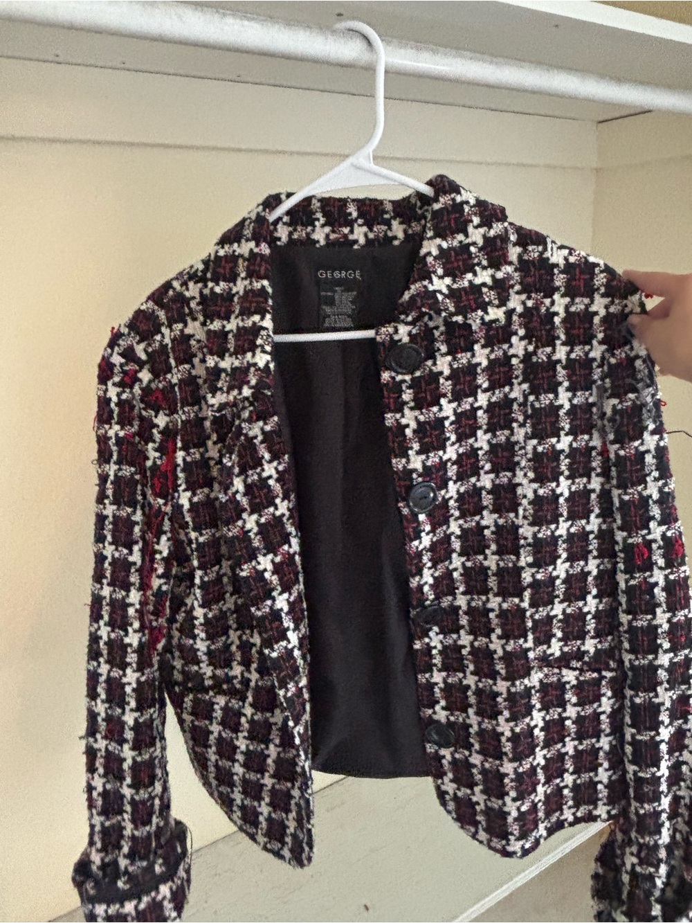 GEORGE Women's Tweed Check Blazer in Black, Burgundy & White